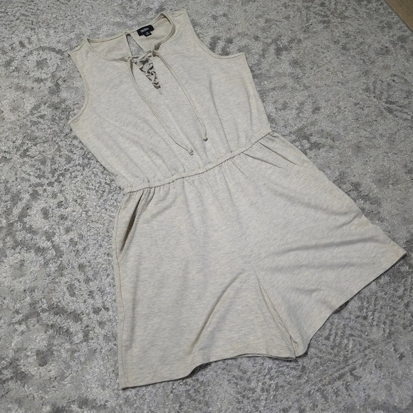 TACERA French Terry Sleeveless Beige Summer Romper, Tie Neck Front, Pockets, M, - Picture 3 of 15